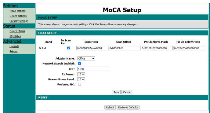 MoCA Setup Page