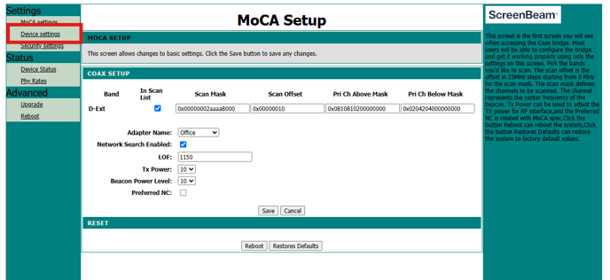 Device settings selected