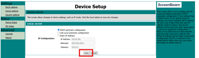 DHCP with save selected