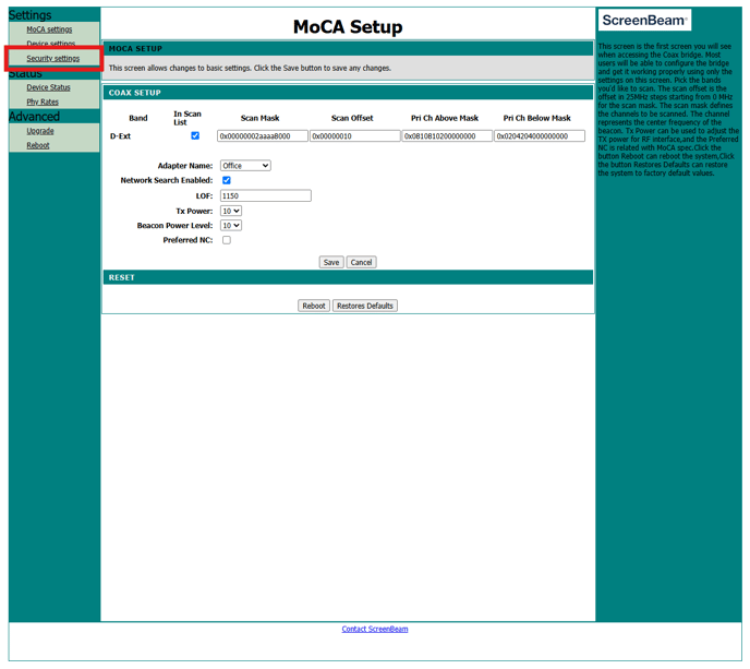 secuirty settings selected